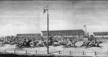 "Lfuttats a pesti gyepen a Rkos mezejn", 1835, Schwindt rajza az els pesti lversenyrl