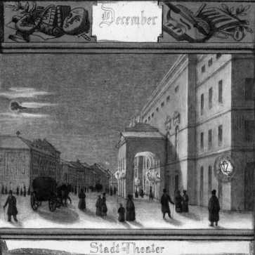 A pesti Nmet Sznhz az egykori Gizella (ma Vrsmarty) tren 1837-48 kztt, M. Schwindt rajza